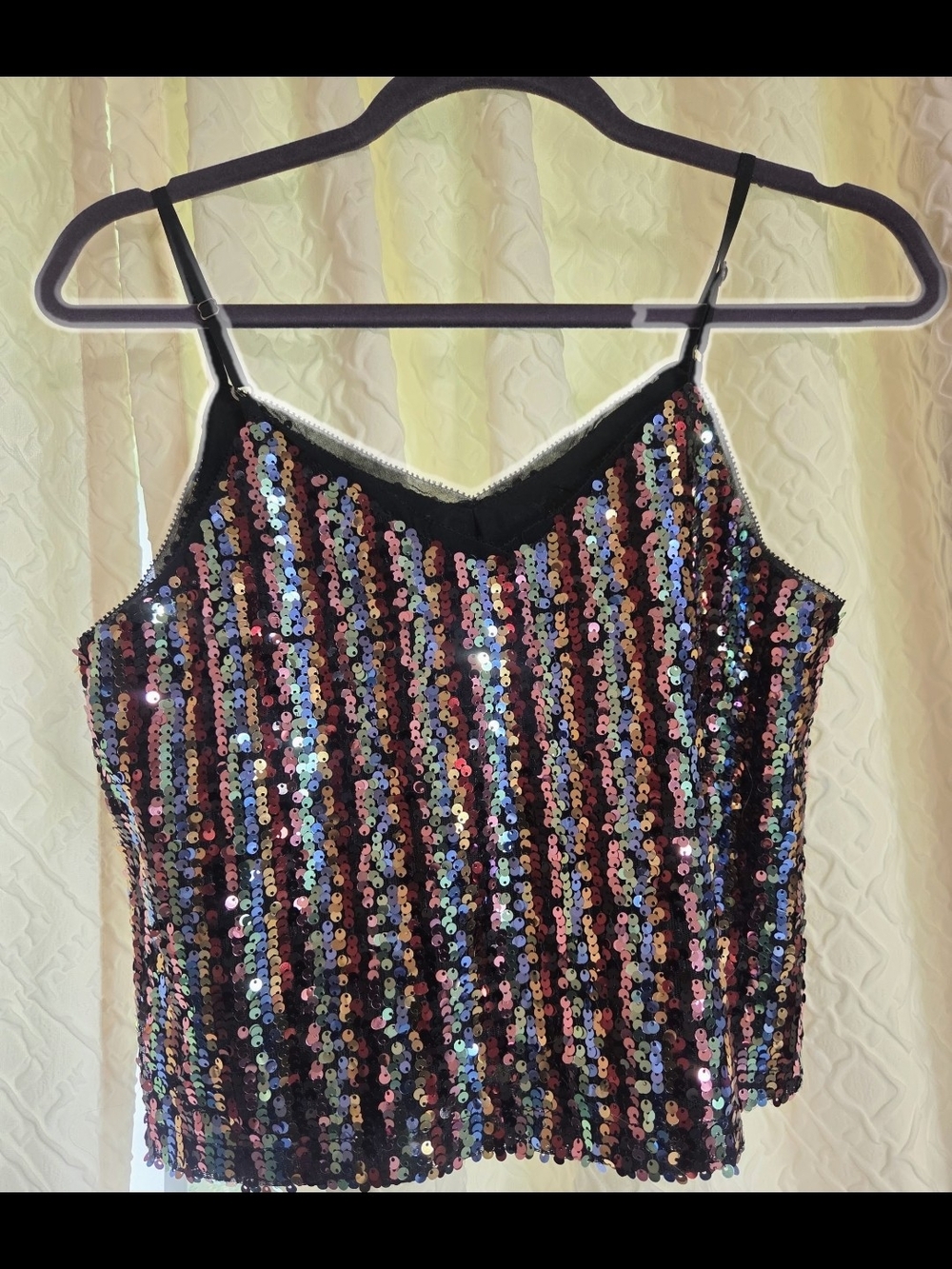 Y2K Skies Are Blue Black Multicolor Sequin V-Neck Cami Tank Fun Festive - Picture 3 of 7